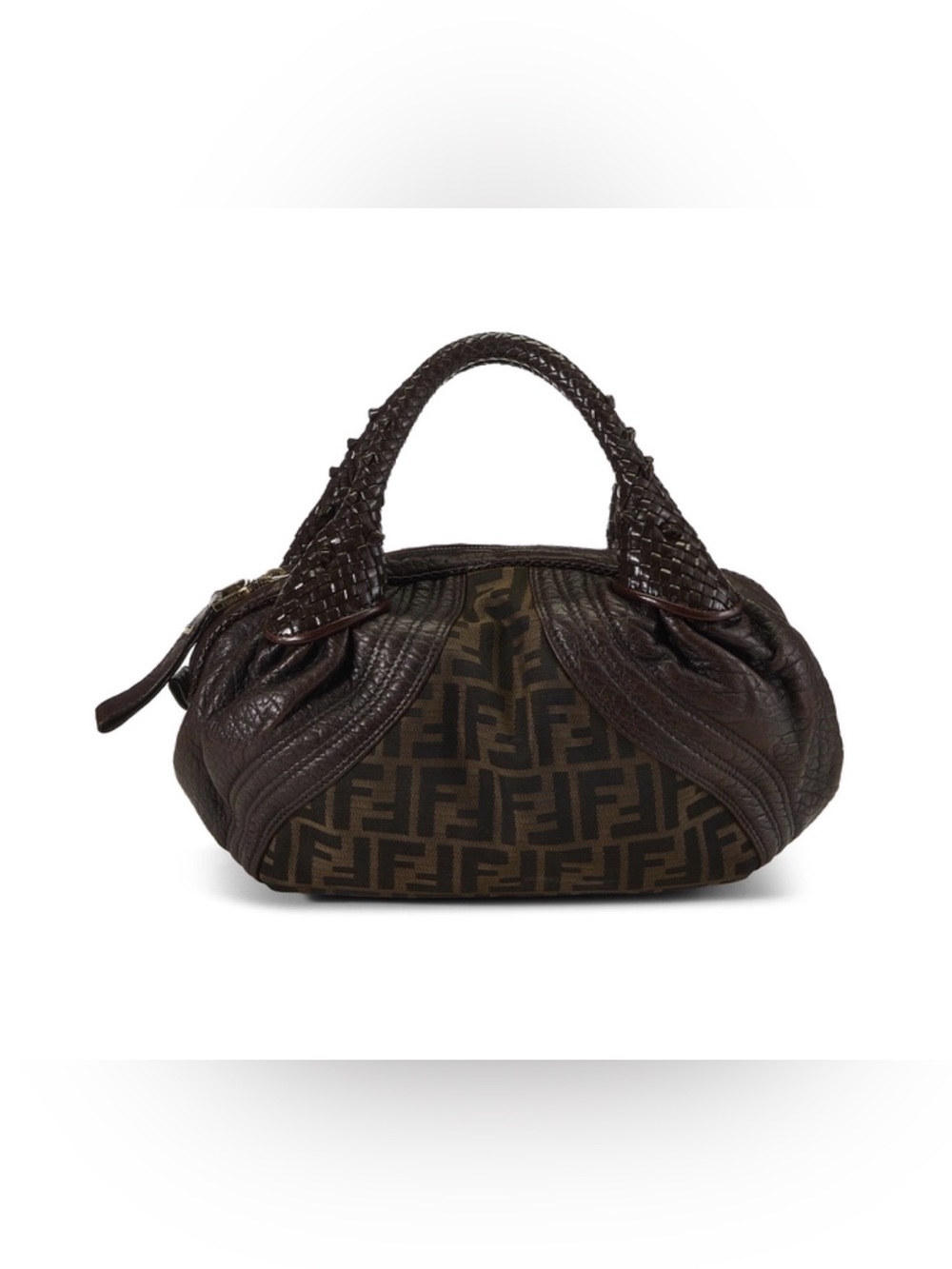 Fendi Baby Spy Bag Dark Brown FF Canvas Satchel with Woven Leather Handles